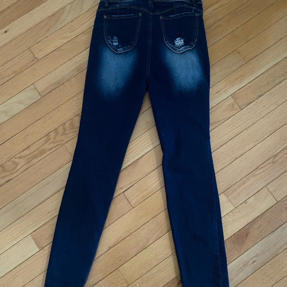 Women's Dark Indigo Distressed Skinny Jeans - Picture 2 of 4